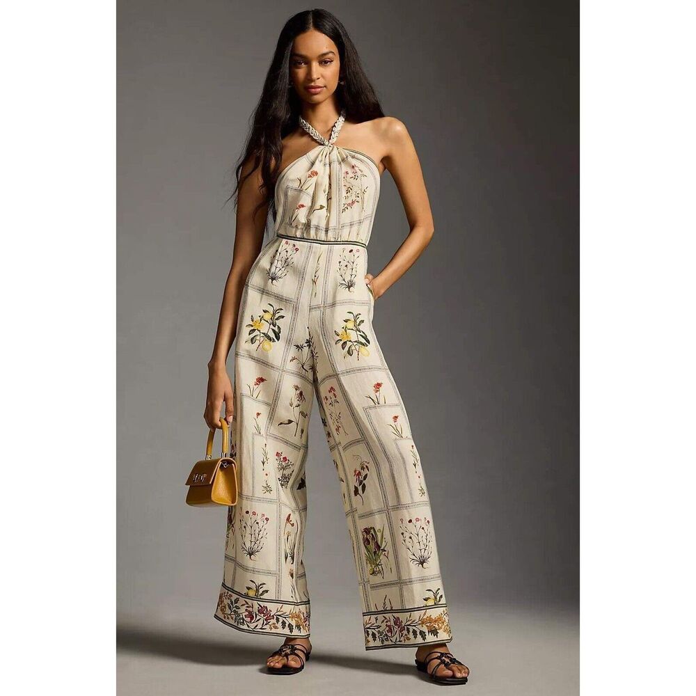 Anthropologie Cream Halter Floral Print Jumpsuit